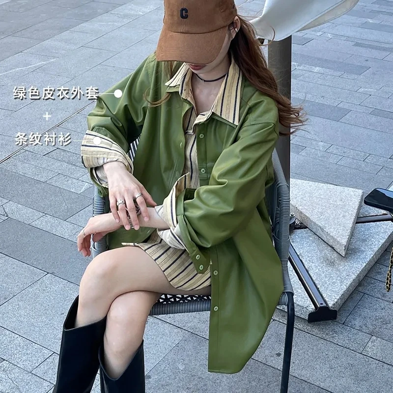 

2023 Spring New Small Fragrance Gentle Tie Fried Street Striped Shirt Wear a Green Coat Casual Two-piece Suit Female Solid Color