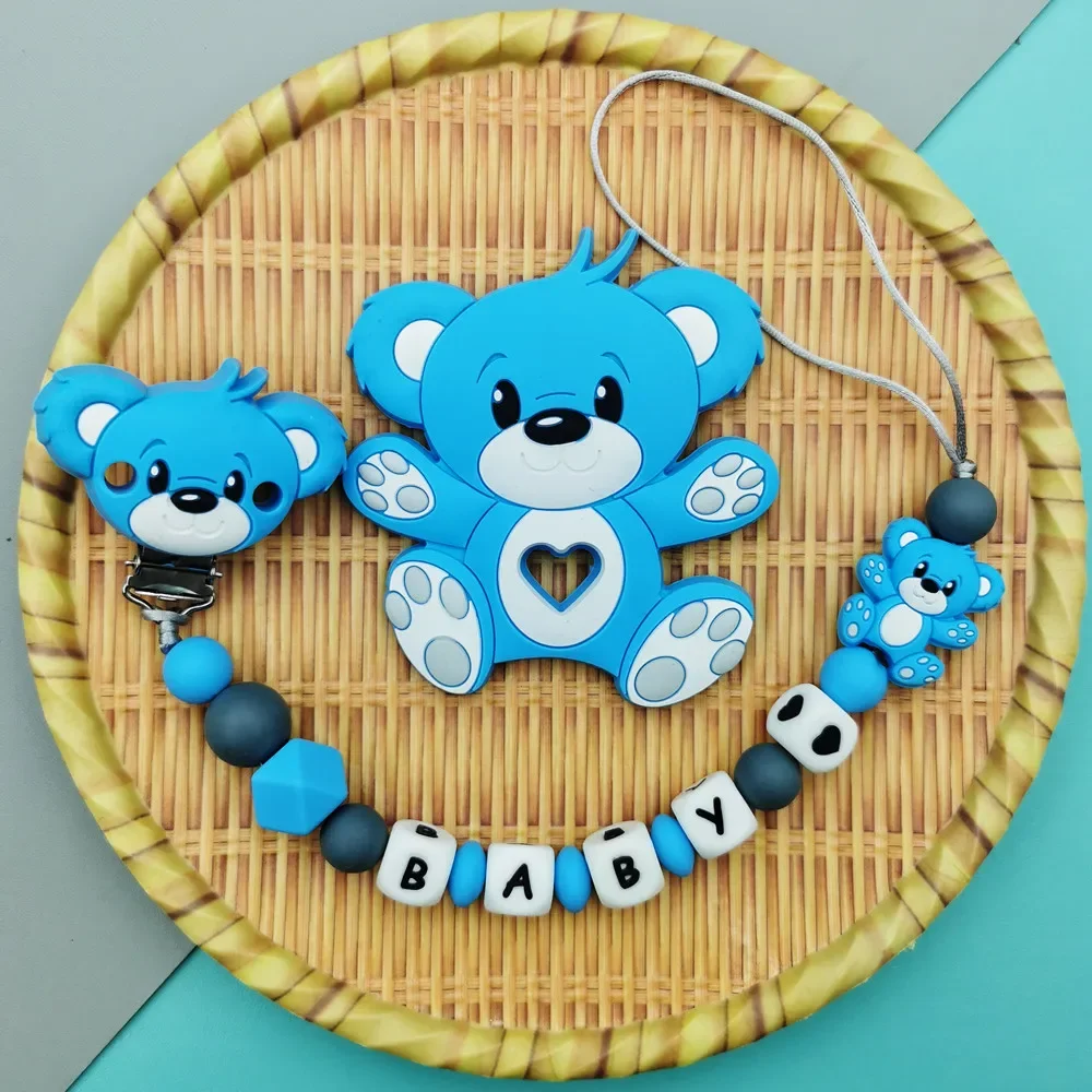 Custom English Russian Silicone Letter Name Bear Silicone Beads Pendant Pacifier Clips Chains Teether Baby Kawaii Bear Gifts