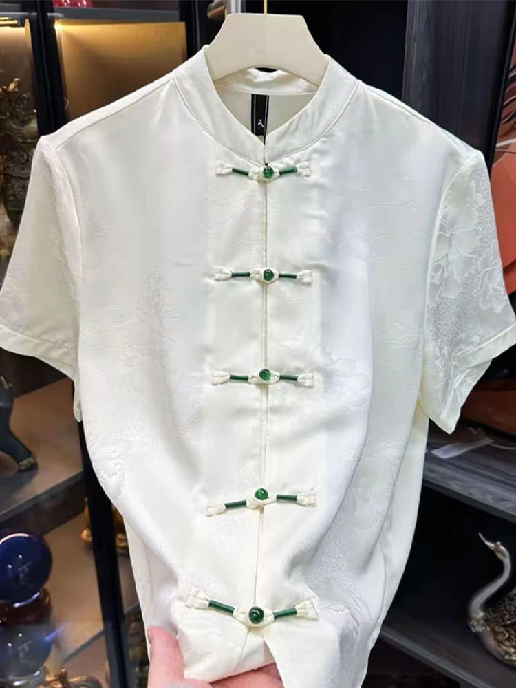 Men's Summer Fashion Lightweight Breathable Short Sleeve Shirt Floral Embroidery Button up Top Thin Material Comfortable Fit