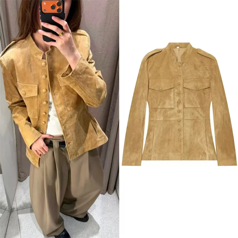 Guobioziy Women's Jacket 2026 Fall New Arrival Camel Long Sleeve Button-Decorated Slim Fit Parka Jacket Trendy and Stylish