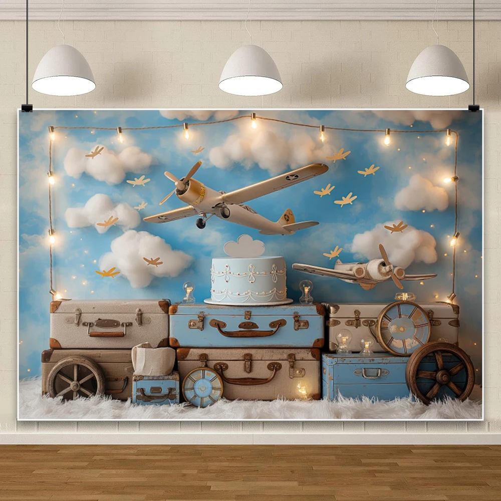 الأزرق منطاد الهواء الساخن عيد ميلاد خلفية طائرة بالون قوس تيدي بير استحمام الطفل التصوير خلفية صور استوديو الدعائم