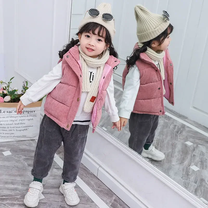 Girl Waistcoat 2026 Autumn And Winter New Childrens Clothing Girl Baby Fashion Solid Color Corduroys Stand Collar Waistcoat