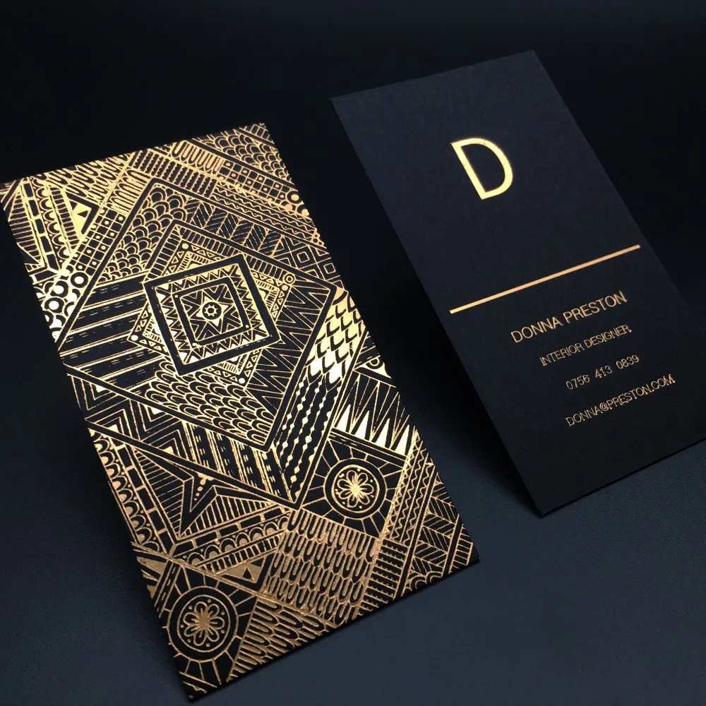 700Gsm Paper Black business card letterpress blind printing 2 side gold foil with gold edge thick paper cards