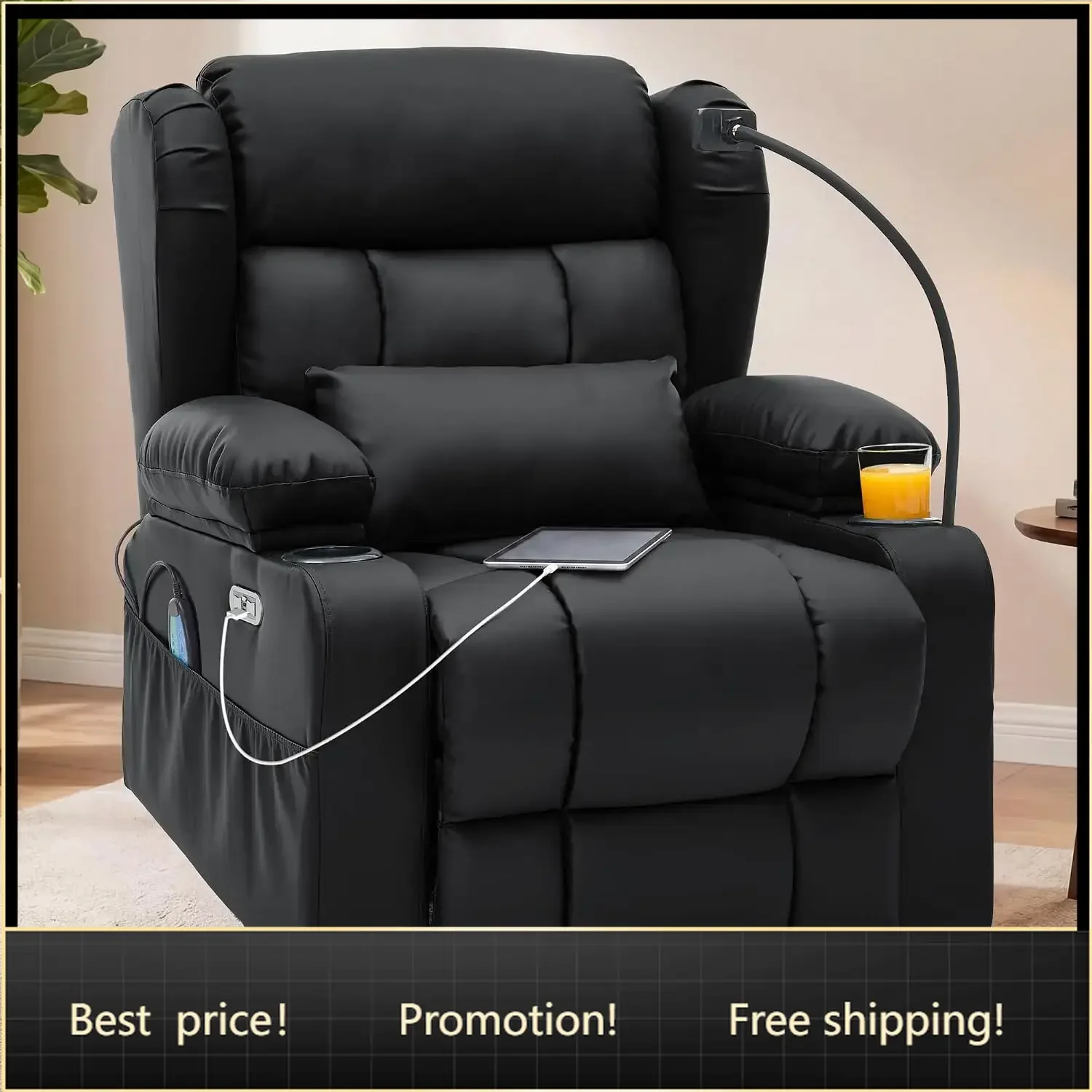 Redlife Power Recliner Sofa with Massage & Heat, 7-Color LED Strip Lights | USB Charging, Dual Cup Holders, Armrest Storage