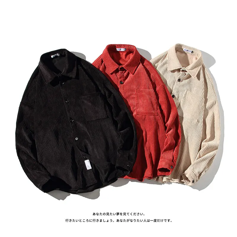 Spring Summer Casual Men Blouses Corduroy Long Sleeves Vintage Shirt Single-Breasted Unisex Casual Oversize Loose High Quality