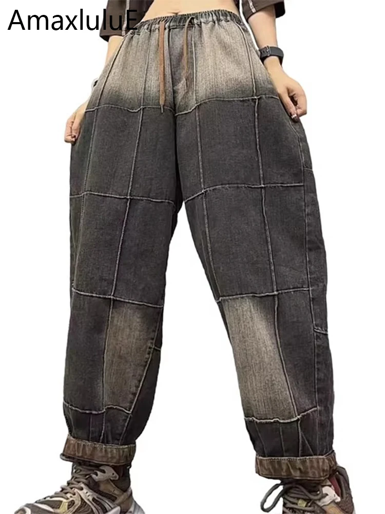 

Amax luluE Japanese Plaid Trousers Womens Fall Fashion Loose Denim Harem Pants Ladies Classic Vintage Casual Elastic Waist Jeans
