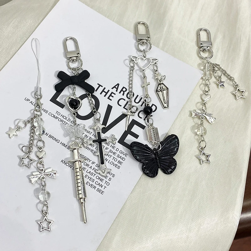 Y2k Bowknot Key Chain Sweet Cool Beaded Phone Chain Earphone Case Lanyard Charms Camera Pendant Car Key Ring