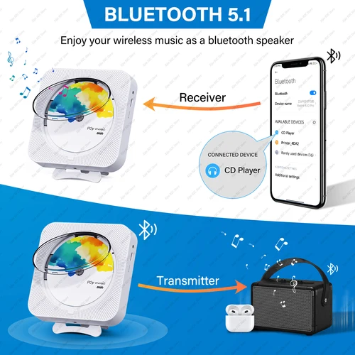 Imagen 2 del producto Reproductor de CD portátil Altavoz Bluetooth Reproductores de CD estéreo Pantalla LED Reproductor de música CD montable en la pared con control remoto IR Radio FM
