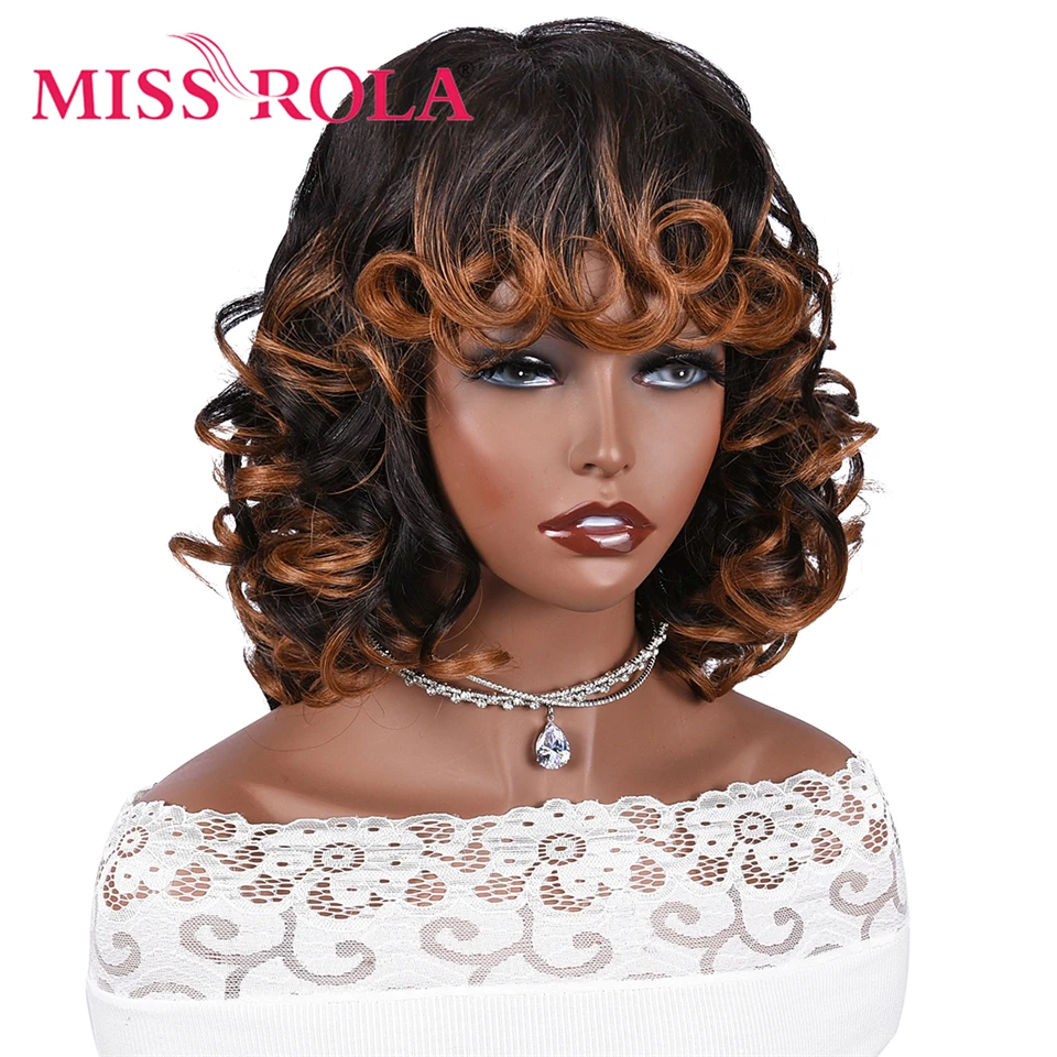 Miss Rola Brazilian Bouncy Curly Human Hair Wigs Machine Made Hair Wig With Bangs Ombre T1B/30 Remy Lace Wig 180% Density