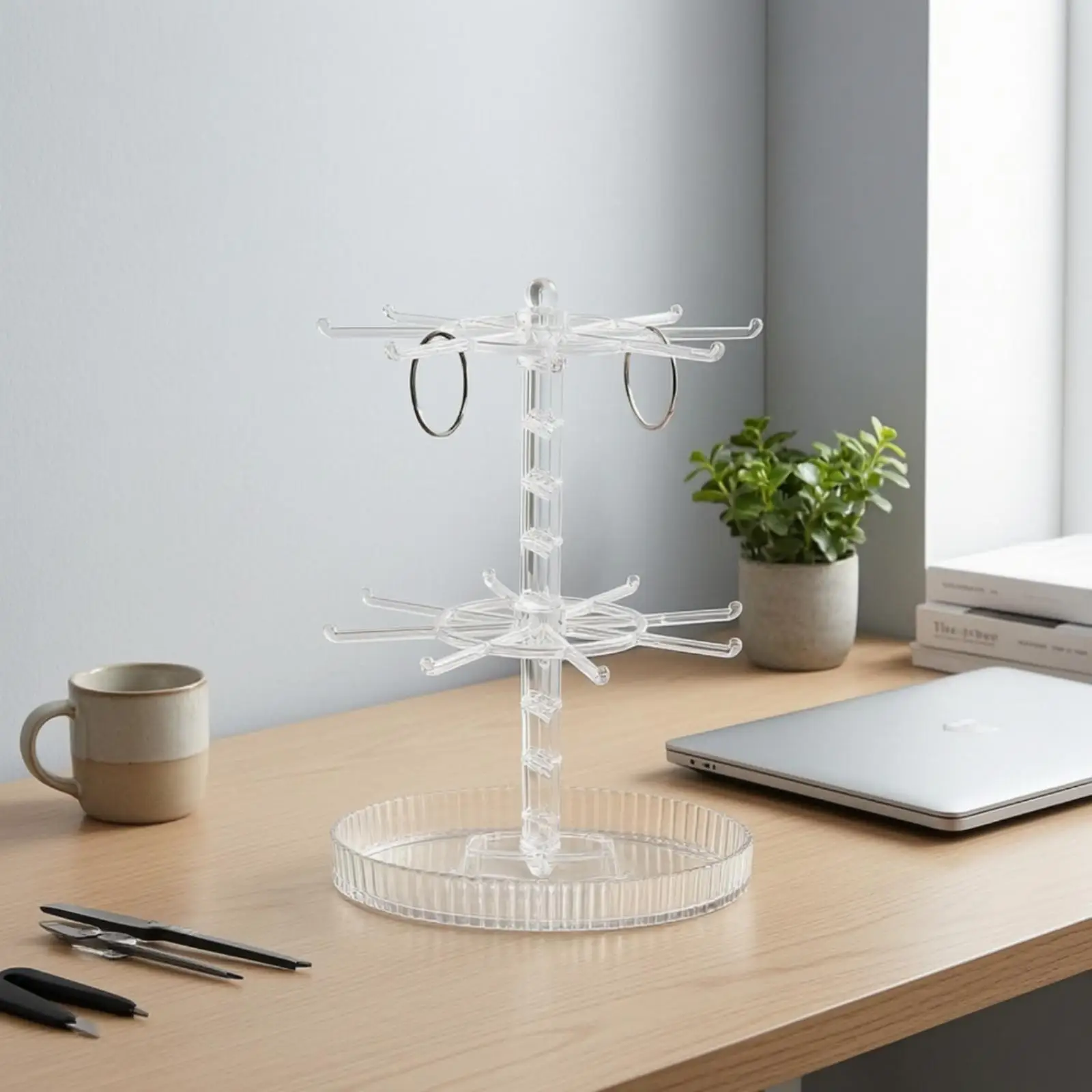 Rotating Jewelry Holder Stand Multi Layer Plastic Display Organizer with Ring Earring Tray for Vanity Desk