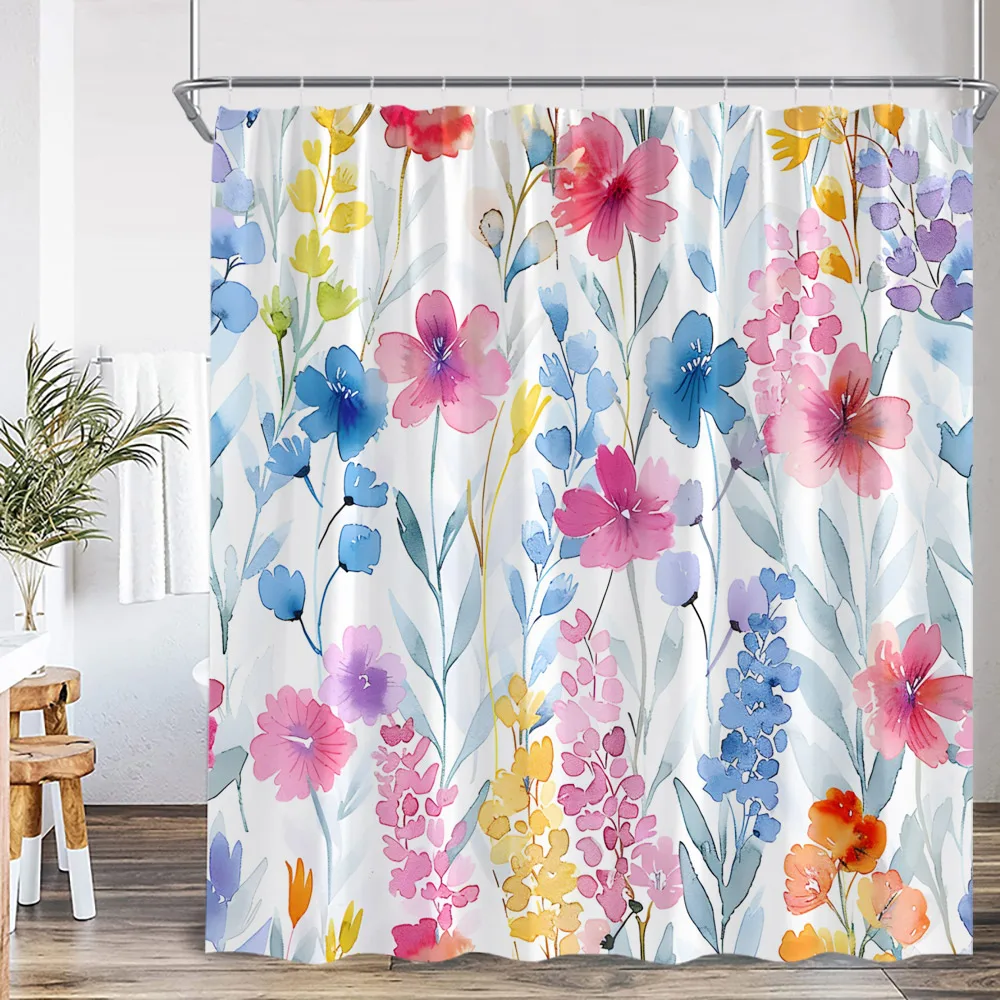 Watercolor Floral Shower Curtain Daisy Herb Plant Flower Botanical Bathroom Decor Modern Dark Polyester Bath Curtain with Hooks