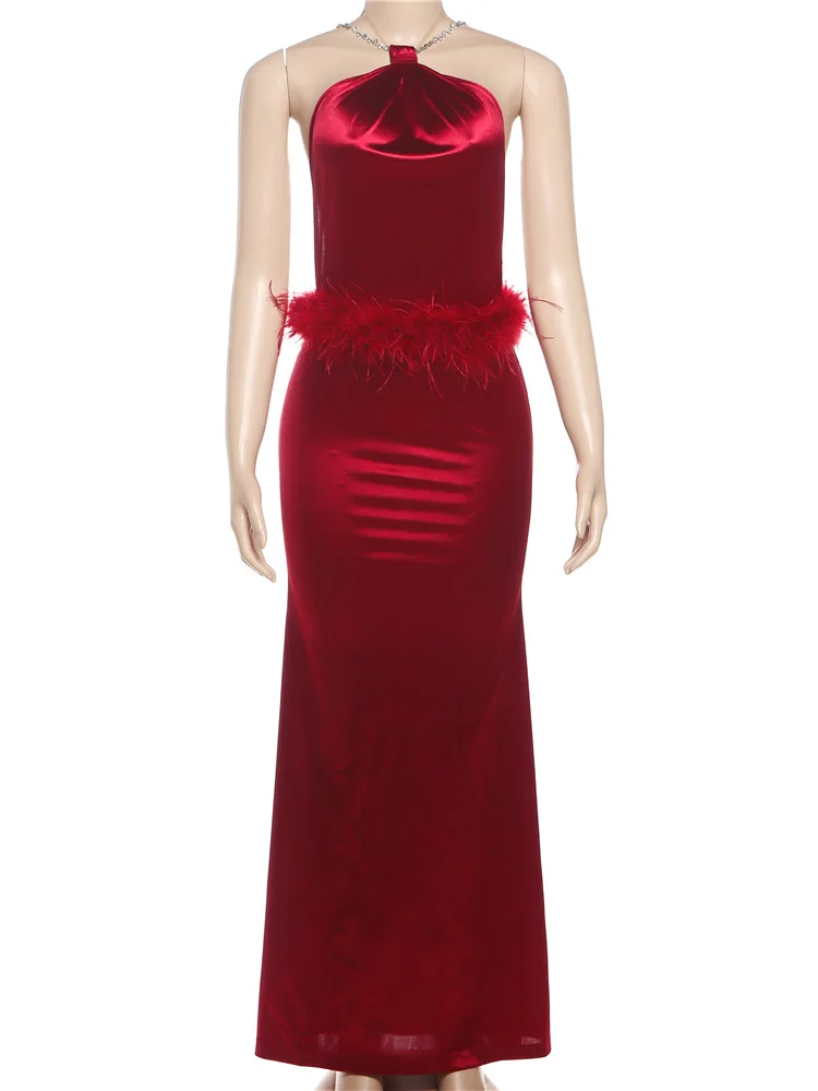 클리우 실키 새틴 우아한 롱 드레스 여성 체인 홀터 백리스 퍼리 패치워크 하이 웨이스트 크리스마스 파티 힙스터 베스티도스