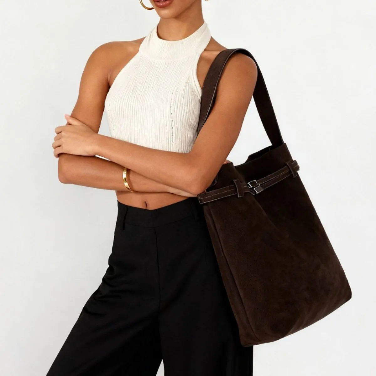 

New Original Design Coffee Color Large Bucket Tote Winter Matte Suede Leather Women Shoulder Bag Commuting Handbag