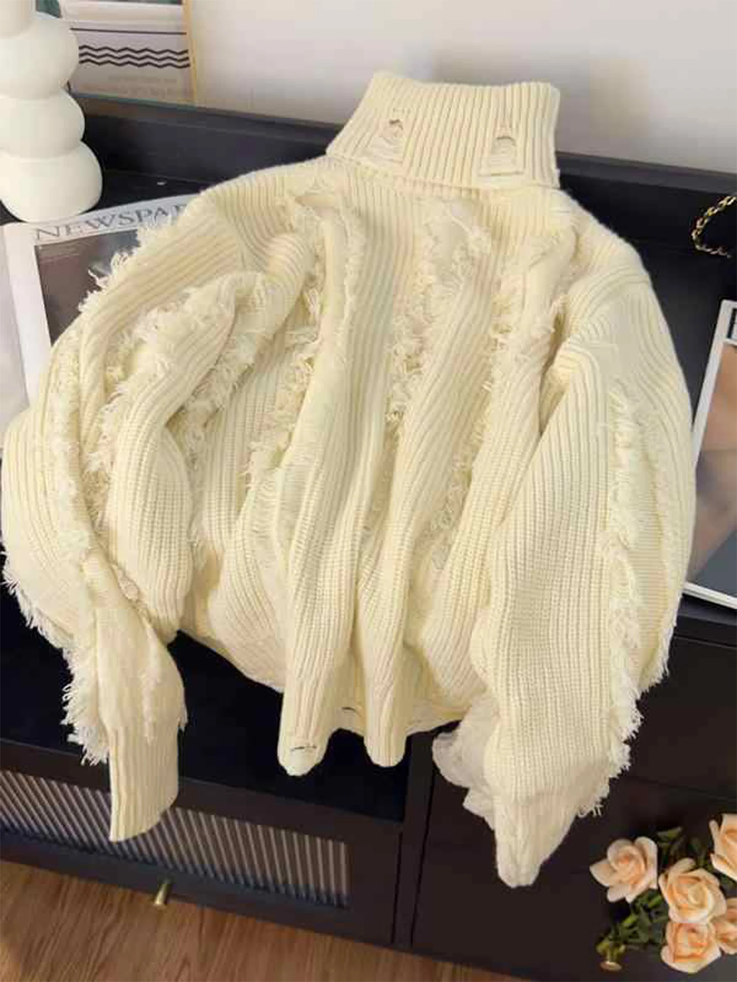 Women's White Pullover Tassel Sweater Harajuku Vintage Y2k Warm Thicken Long Sleeves Turtleneck Cashmere Sweaters 2000s Clothes