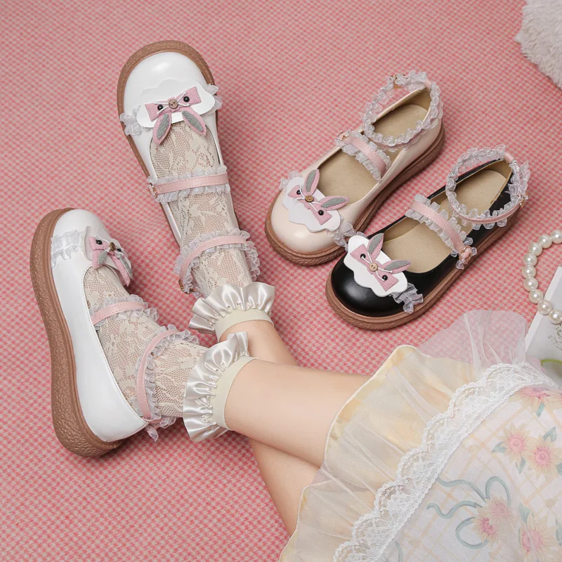 Anime Cartoon Lolita Shoes School Girls Lace Buckle Strap JK Princess Cosplay Flat Heel Platform PU Leather Pumps Size 30-43