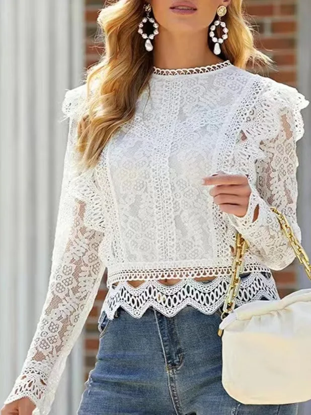 Sexy Lace Hollow Out Shirt Blouse Office Lady Spring Autumn Fashion Elegant Solid O-neck Shirts For Women Female Tops