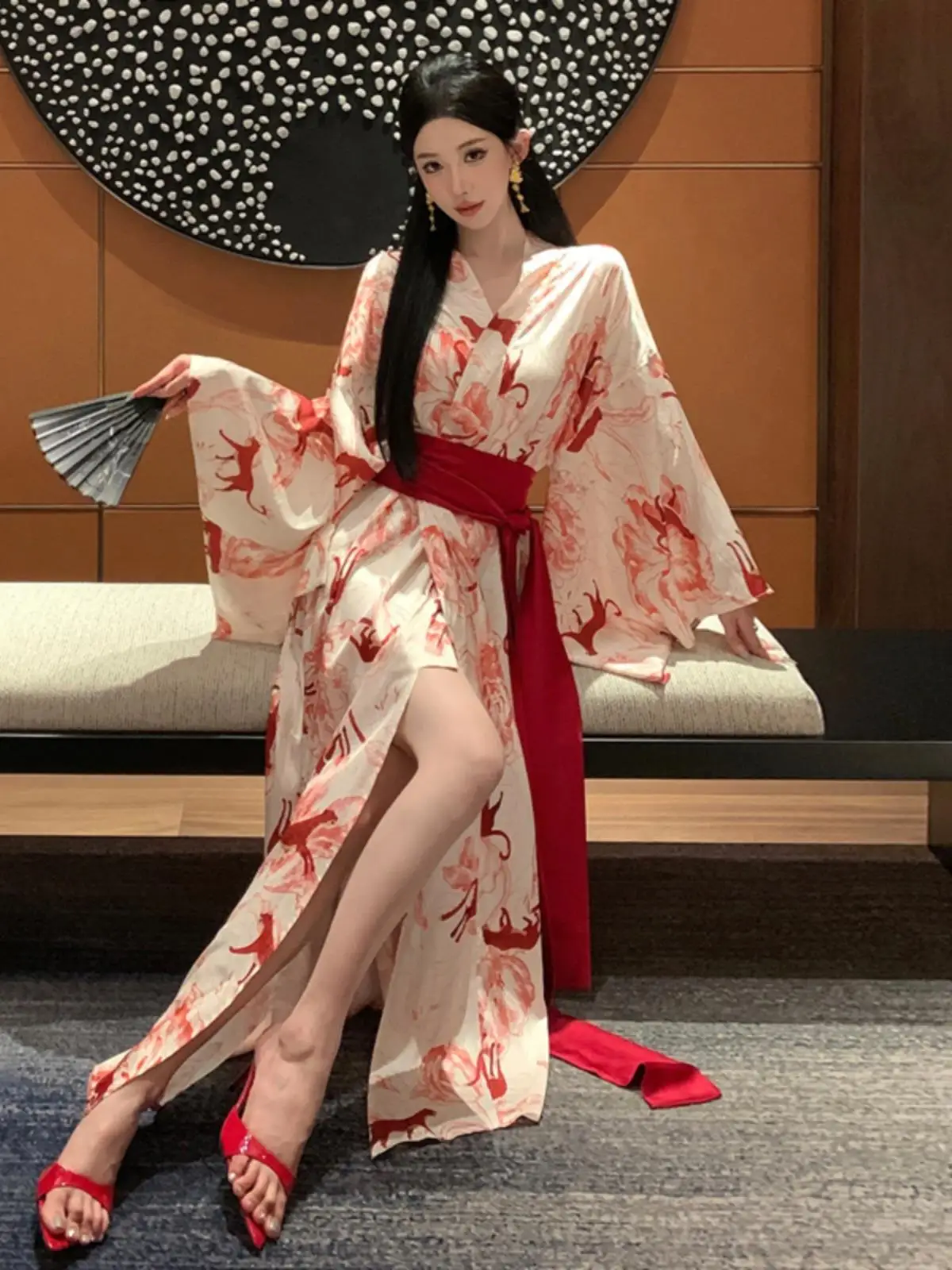 Red Leopard Vintage Print Home Clothes Morning Robe Bathrobe Hanfu Improved Kimono Loose Ice Silk Satin Dress Women's Loungewear