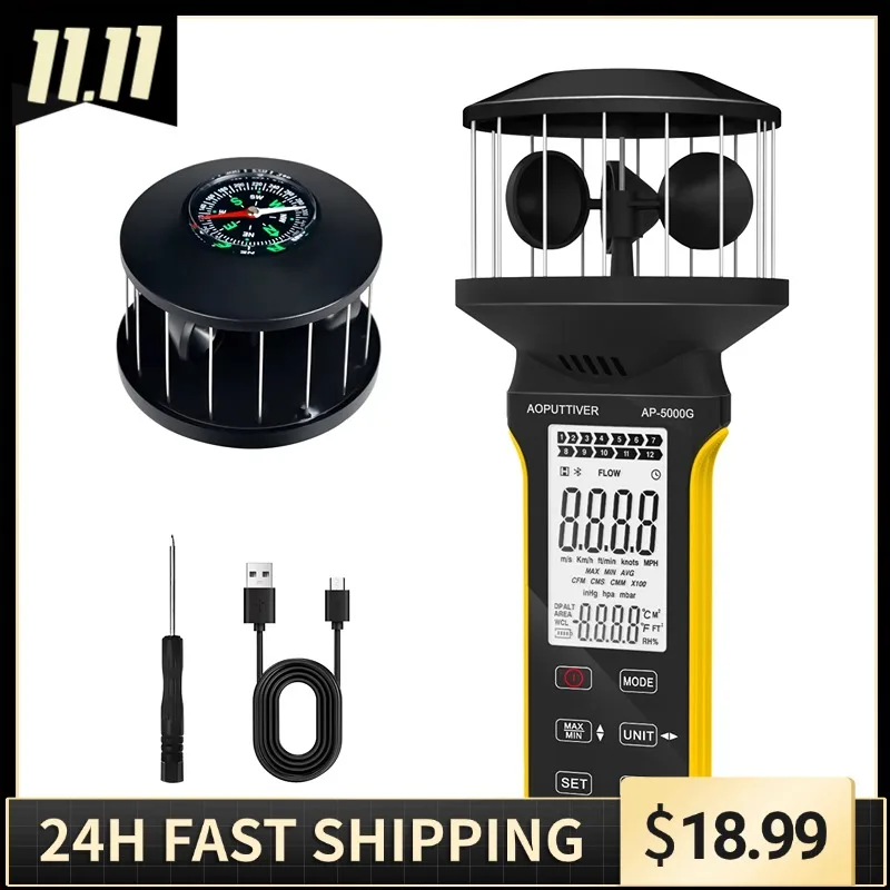 

Digital Cup Anemometer, Handheld Wind Speed Meter with Anti-dust Touch Button, Rechargeable Wind Gauge CFM Meter, Waterproof