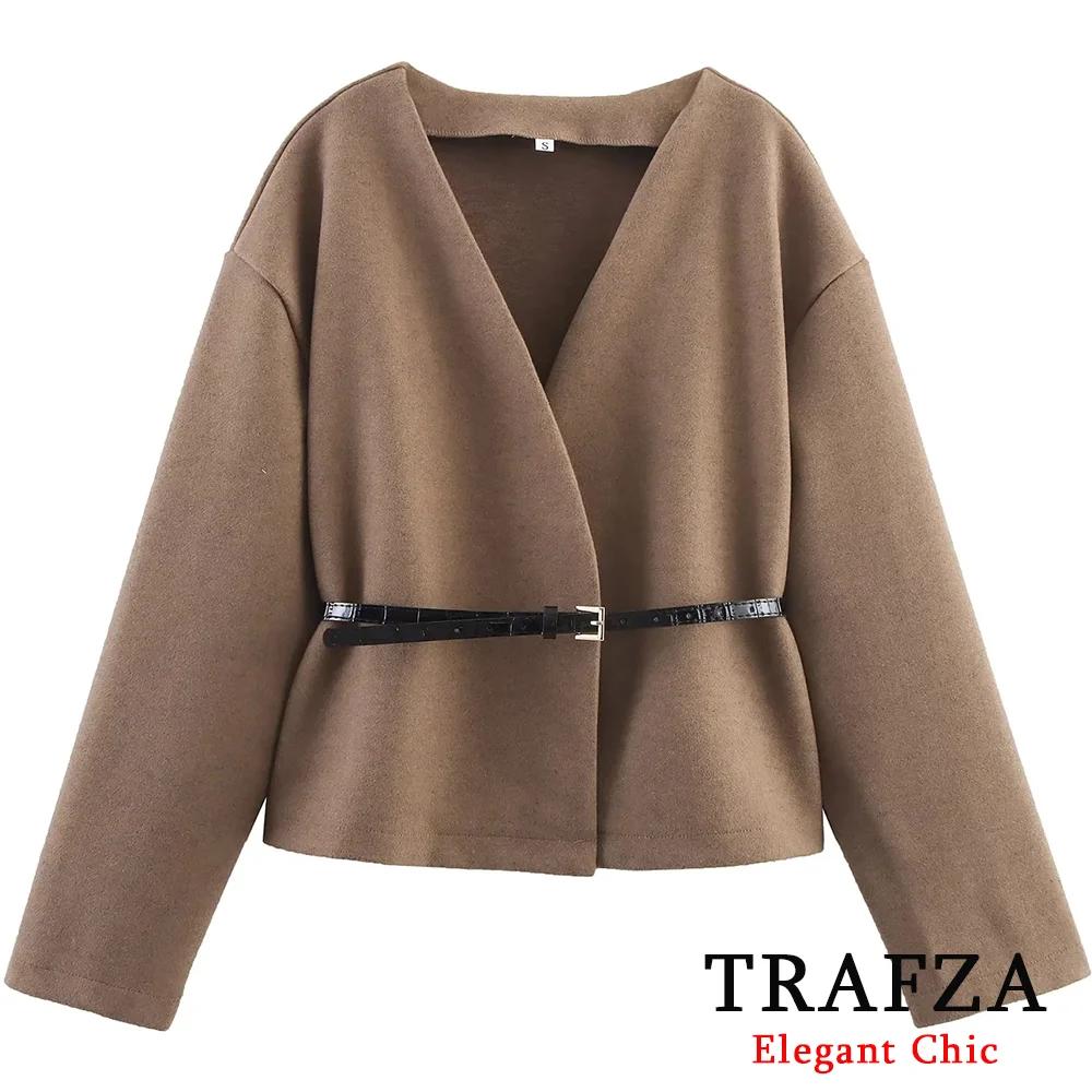 

TRAFZA Women Elegant Chic Belt Coat V-Neck Long Sleeves Brown Coat 2025 Fall Fashion High Street Casual Commute Lady Autumn Coat