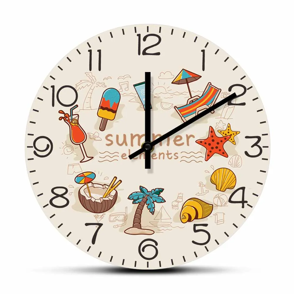 Summer Elements Silent Non Ticking Print Wall Clock Tropical Vibe Seaside Beach Wall Art Decor Coastal Ocean Hanging Wall Watch