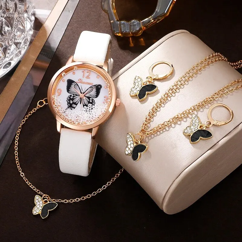 5PCS Set Luxury Watch Women Butterfly Necklace Earrings Bracelet Set Watches Leather Band Ladies Simple Dress Quartz WristWatch