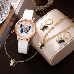 5PCS Set Luxury Watch Women Butterfly Necklace Earrings Bracelet Set Watches Leather Band Ladies Simple Dress Quartz WristWatch