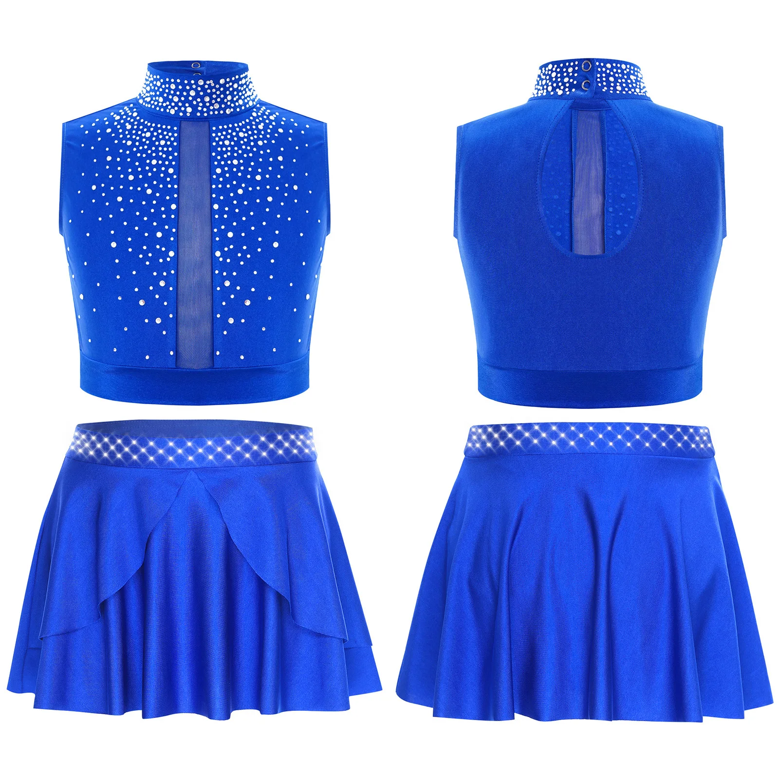 ‌ Tenue de danse contemporaine en strass pour filles, haut arrière avec trou de serrure et jupe à ourlet irrégulier, slip intégré pour spectacle de jazz latin