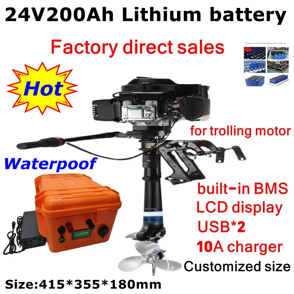 

CZ-Hot, Waterproof 24V 200Ah lithium battery .with BMS 2400W for trolling motor,boat motor UPS +29.4V 10A Charger