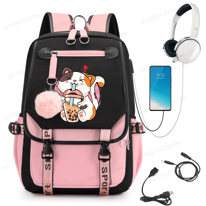 

Cat Boba Milk Tea Graphic Anime Backpack Children Girl Black Pink Schoolbag Kawaii Student Back To School School Bag Computer