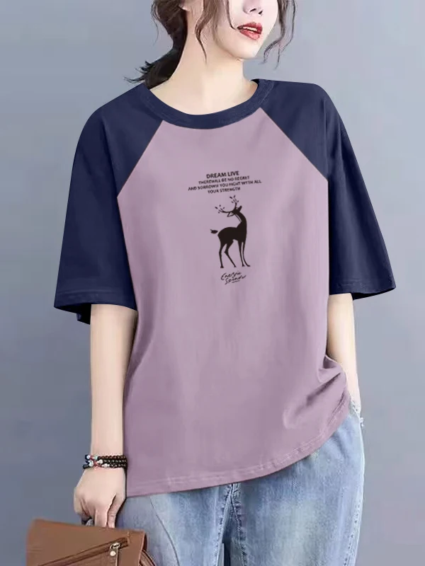 เสื้อยืดผ้าฝ้ายพิมพ์ลายสำหรับผู้หญิงไซส์ใหญ่ แฟชั่นฤดูร้อน ตัดป้าย กระดุมผ้าฝ้ายแท้ ทรงกลม แขนสั้น สไตล์เกาหลี