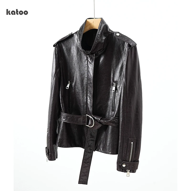 ​Women's Moto Biker Zipper Jacket Stand-Up Collar Belt Fashion Oil Wax Sheepskin Streewear Real Leather Coat Chamarra Piel Mujer
