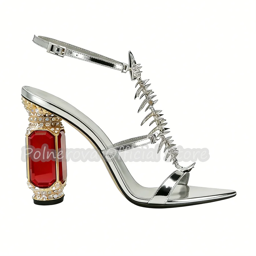 

Fishbone Sesign T-Strap Narrow Band Women Sandals Luxury Gemstone High Heel Peep Toe Gladiator Shoes Lady Catwalk Dress Shoes
