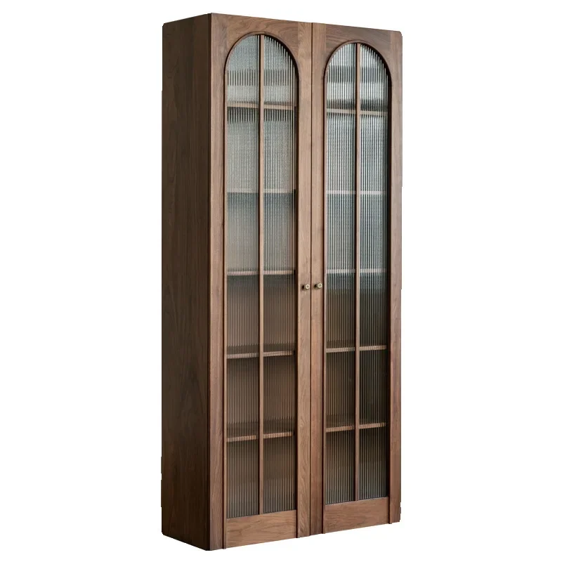 

American all-solid wood retro glass bookcase shelf, living room study North American black walnut floor-to-ceiling wall cabinet