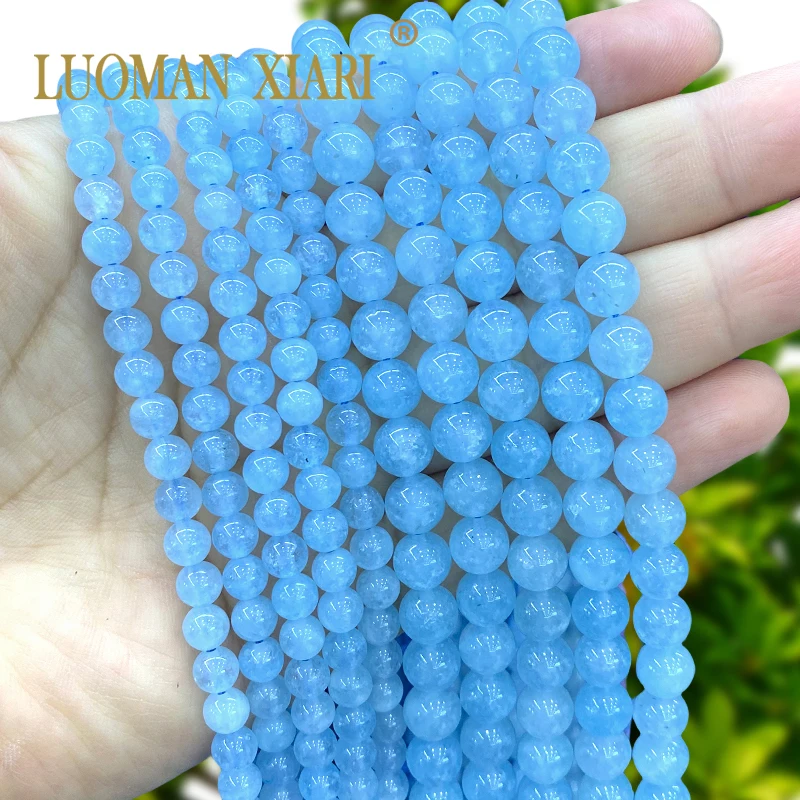 4/6/8/10/12MM Round Natural Stone Ice Aquamarine Chalcedony Spacer Beads for Jewelry Making DIY Bracelets Charms Accessories