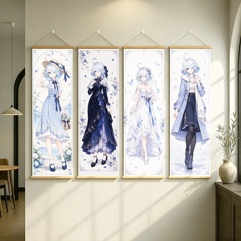 Furina Genshin Impact Hanging Scroll with Blue and White Anime Characters in Elegant Fantasy Outfits for a Bedroom Reading Nook