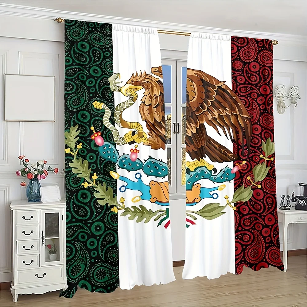 

2pc, Eagle Scratching Snake Mexican Flag Bohemian PatternCurtain, Rod Pocket Mount, Digital Printed Curtains, PolyesterMaterial,