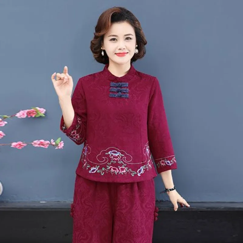 Women Spring Autumn Ethnic Floral Embroidery Cotton Linen Top Stand Collar Frog Button Loose 3/4 Sleeve Blouse