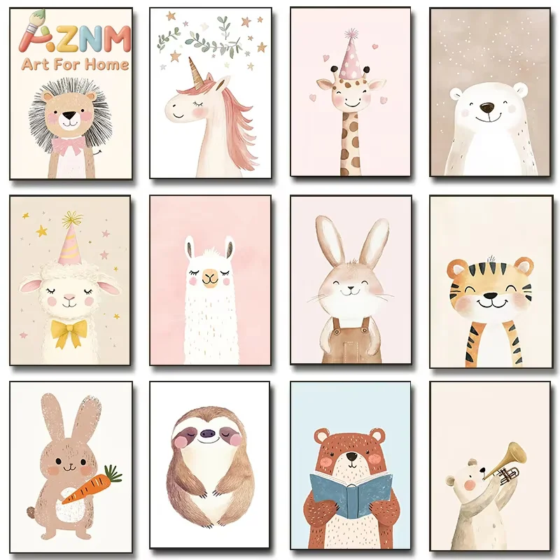 AZNM Smiling Animals Watercolor Posters Cute Tiger Giraffe Birthday Party Prints Canvas Painting Wall Pictures Home Room Decor