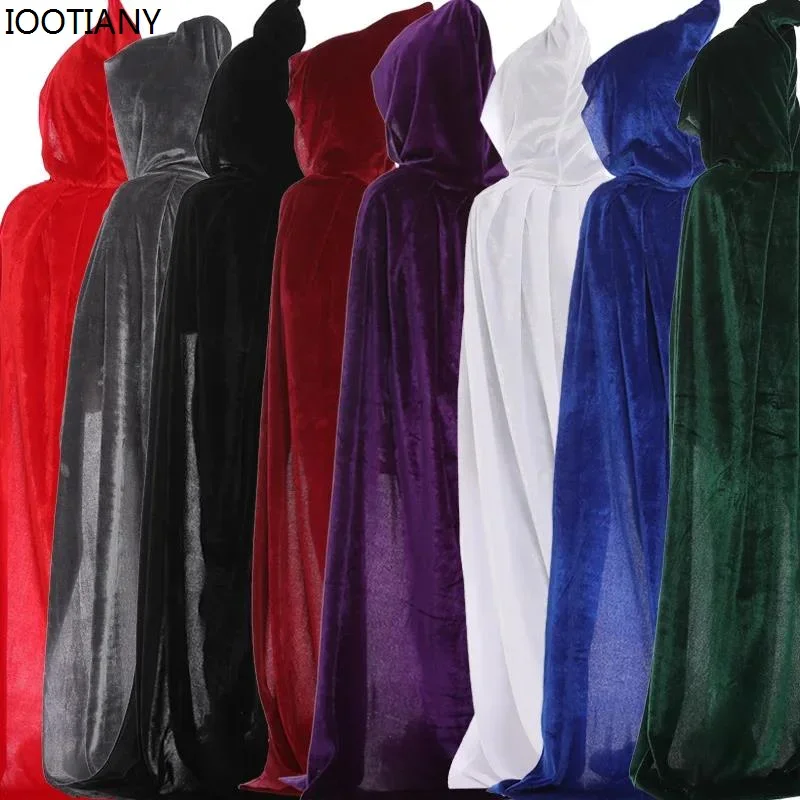 CosplayNew هالوين الاطفال الكبار الساحرة الموت تأثيري عباءة مقنعين ازياء القرون الوسطى عباءة كرنفال حفلة المخملية تظهر زي طويل
