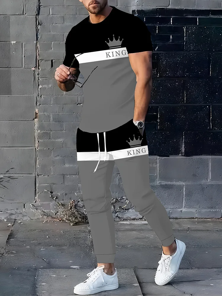 Simple couronne 3D imprimé décontracté hommes mince à manches courtes et pantalons longs, rue urbaine décontracté hommes 2 pièces mince pantalons longs ensemble