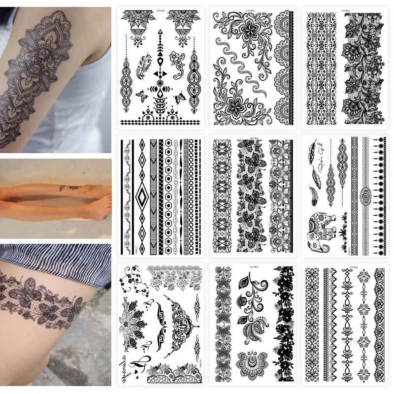 

Сексуальный черный кружевной браслет, тату-палка, кольцо на ногу, тату-палка на спине, макияж, татуировка с бантом для селфи