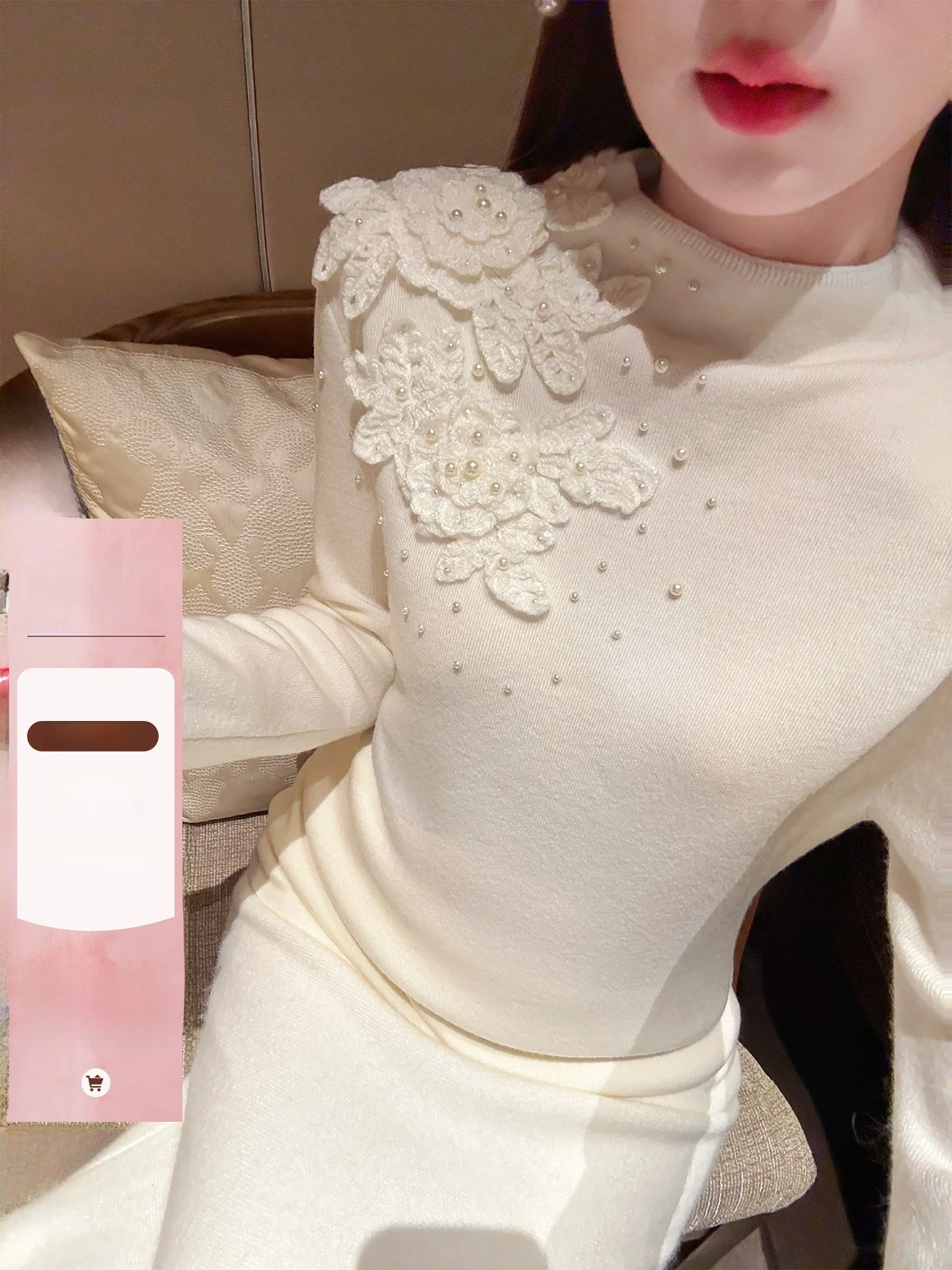 

nai Quali Heavy Work Hook Flower 3D Bead Woolen Knitted Sweater Women's Winter New Sle Slim Fit Inner Wear Top