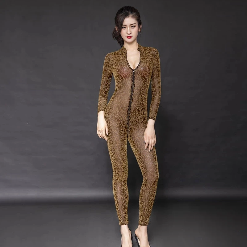 Zipper Open Crotch Jumpsuit Leopard Printing Long Sleeve Tight One-piece Trousers Sexy Women Bodycon Bodysuit Club Outfit
