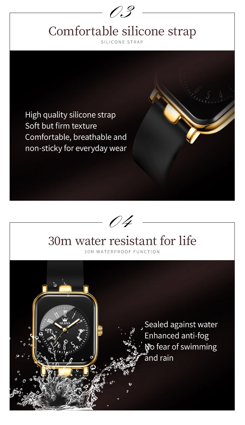 OLEVS Square Dial Ladies\' Watches Fashion Casual Waterproof Luminous Watch Simple Silicone Strap Quartz Watch for Women 9961