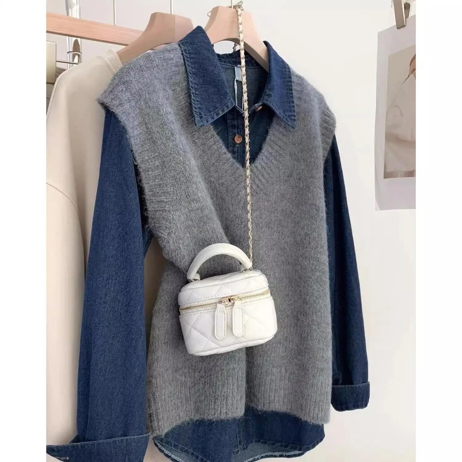 2024 Women's New Korean Edition Early Spring and Autumn Grey Knitted Vest Inner Set with Stacked Denim Shirt 2-piece Set