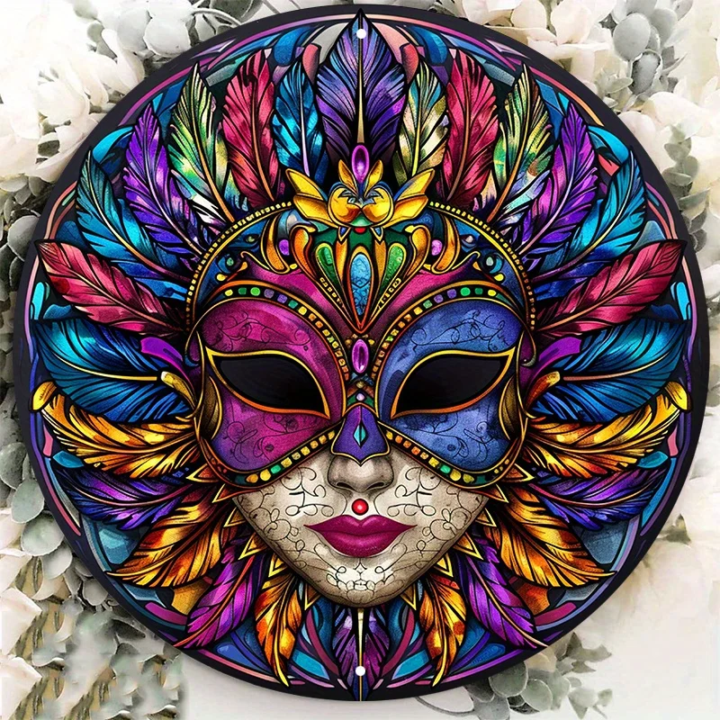 

Mardi Gras Mask Stained Glass Pattern Round Metal Sign, Aluminum Door Hanger, Wall Art Decor,Decorative Wall Poster, 8x8 in, 1Pc