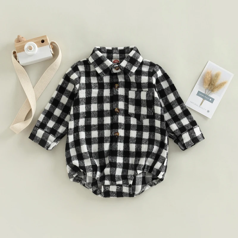 Baby Boy Girl Flannel Plaid Shirt Romper Long Sleeve Lapel Button Down Bodysuit Oversized Tops Fall Winter Clothes