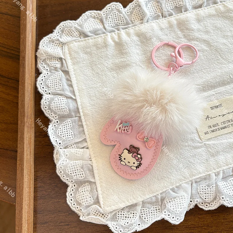Sanrio Hello Kitty Plush Pu Material Gloves Shape Bow Lobster Clasp Keychain Girl Commuter Bag Decoration Valentine's Day Gift