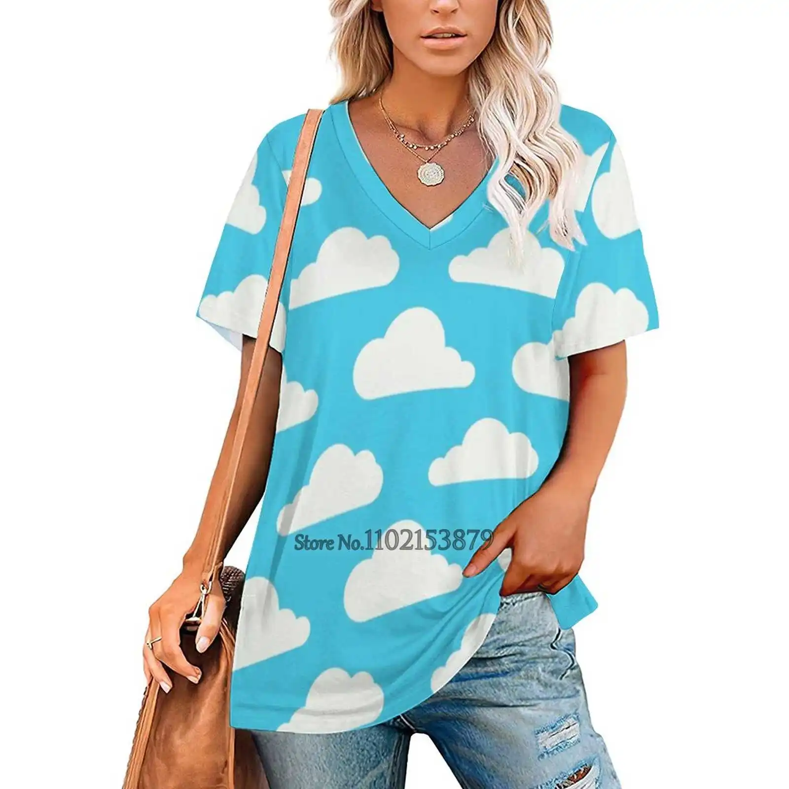 Fluffy Clouds Women's T-Shirt Casual Short Sleeved Tops V-Neck Zipper Tee Ladies Loose T Shirts Cute Cloud Sky Blue