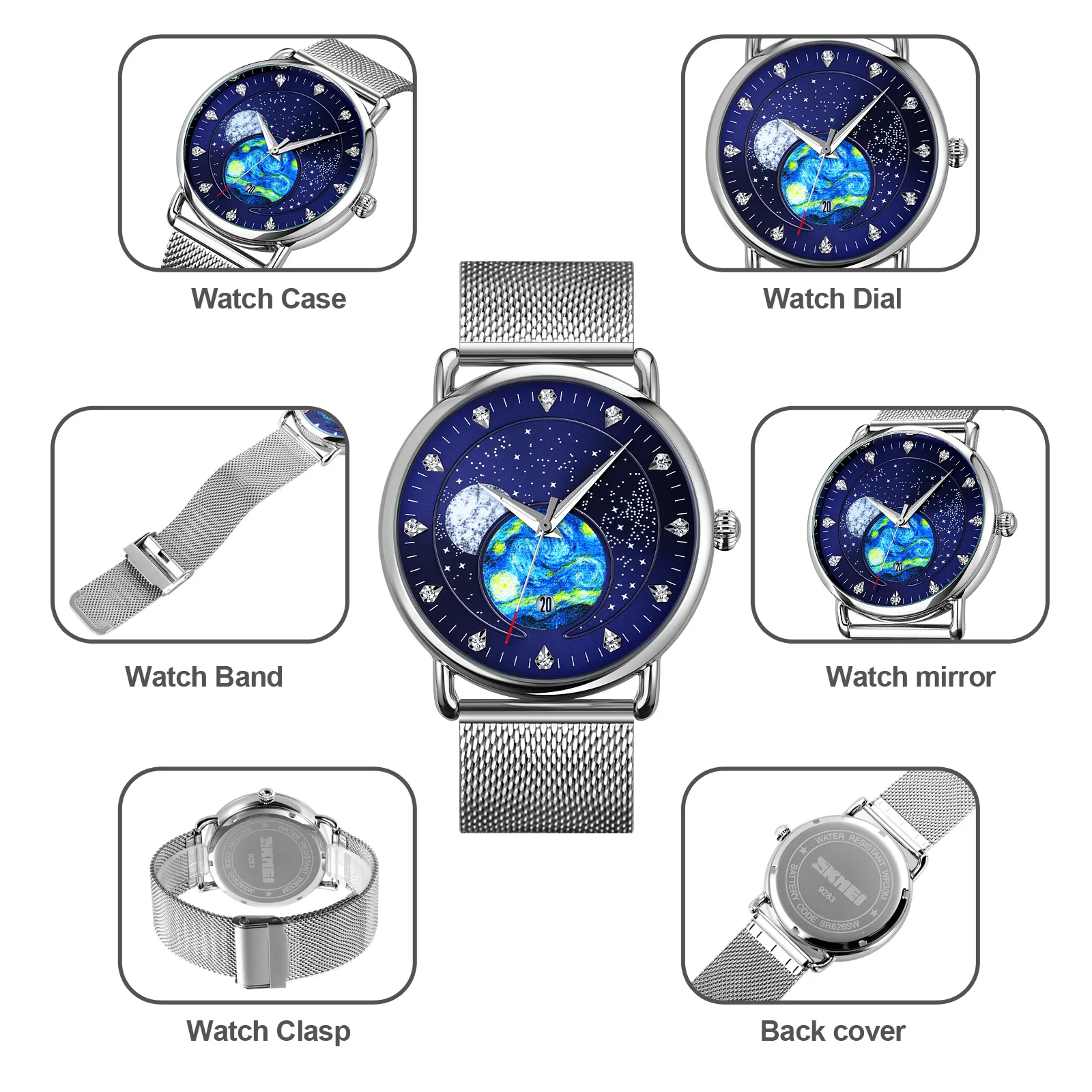 SKMEI Starry Universe Quartz Watch Men Creative Dial Wristwatch Waterproof Calendar Business Clock Original Design 2 Straps 9283